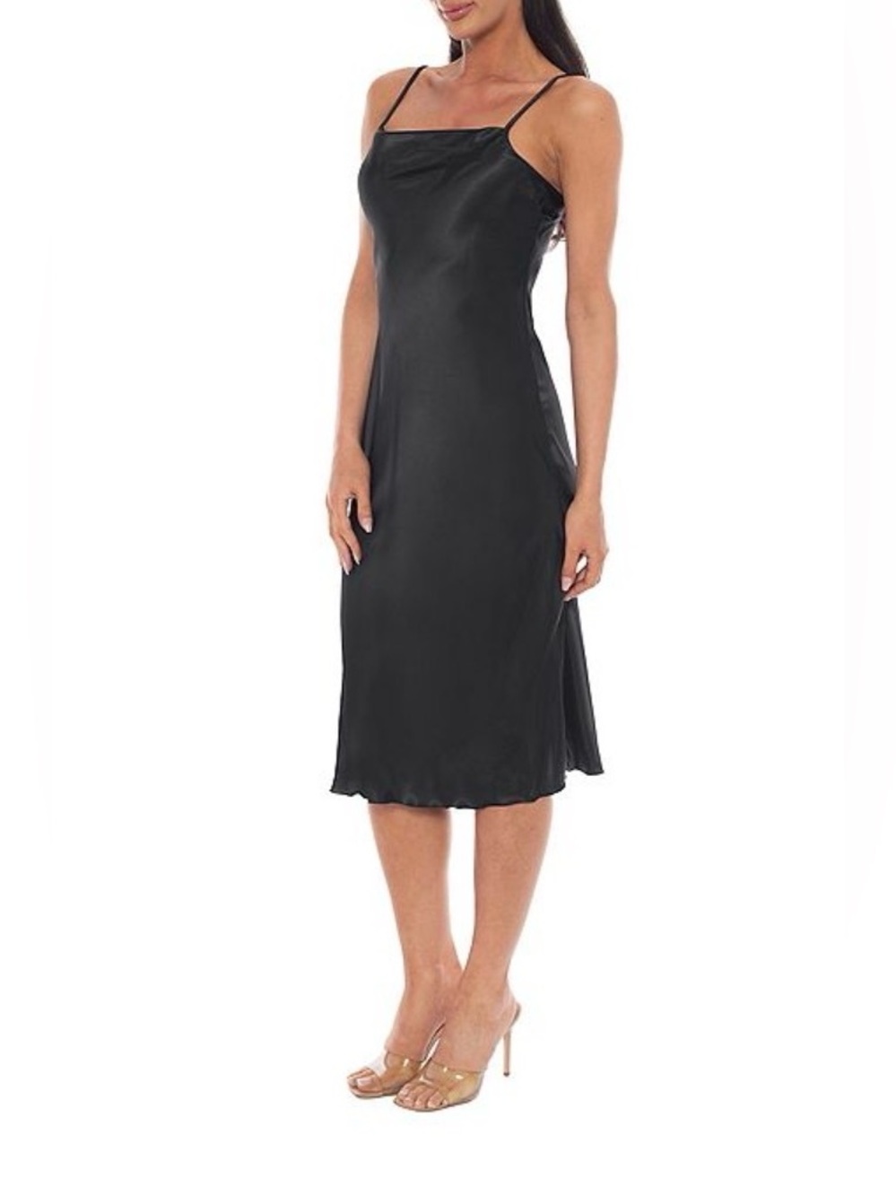 bebe Black Satin Midi Slip Dress with Adjustable Spaghetti Straps Size XS